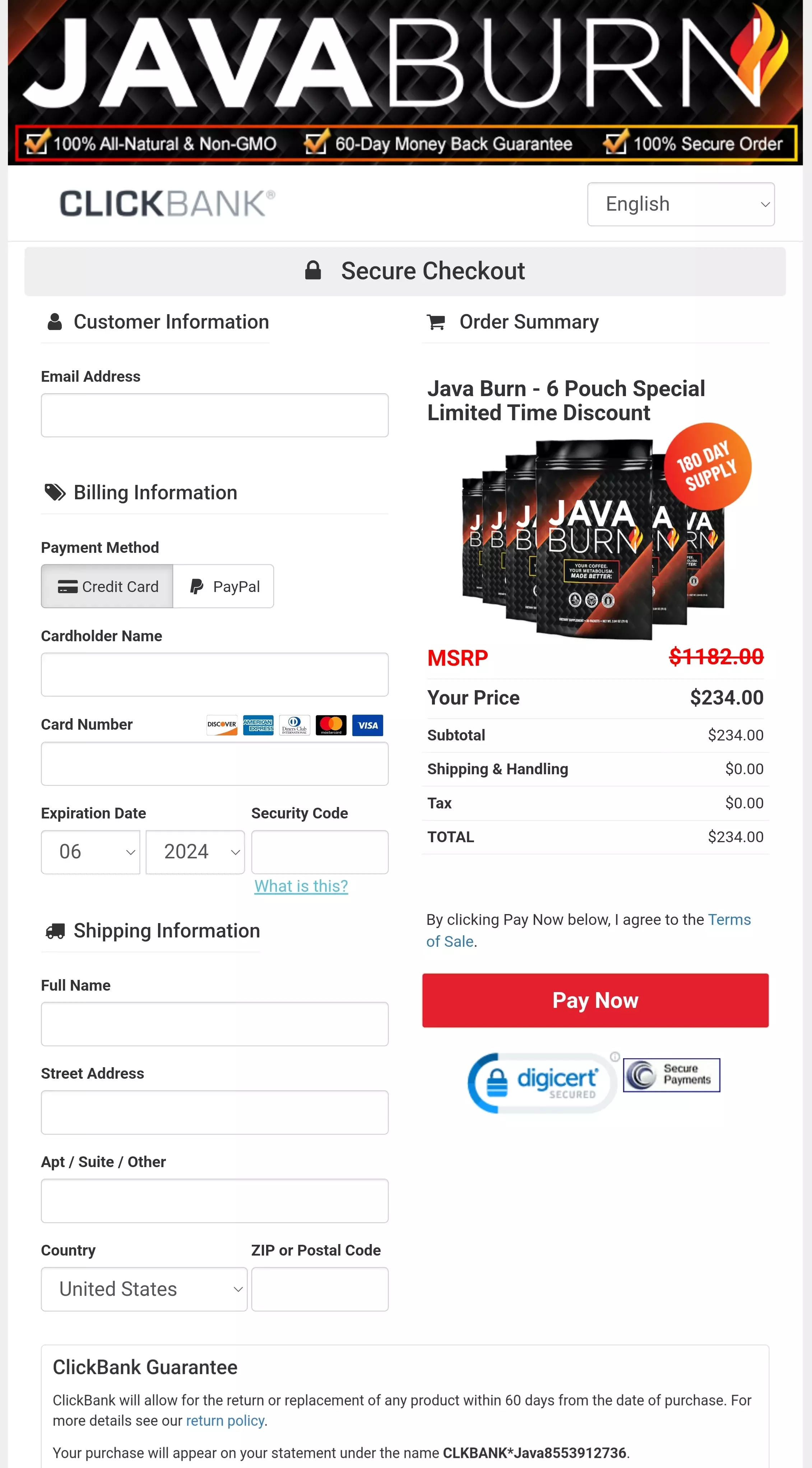 Java Burn order form